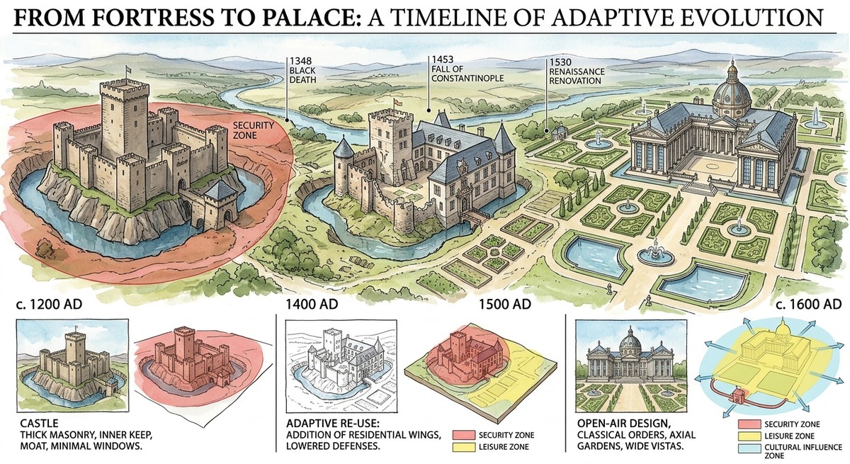 From fortress to palace: four centuries of the same plot of land, 1200–1600 AD